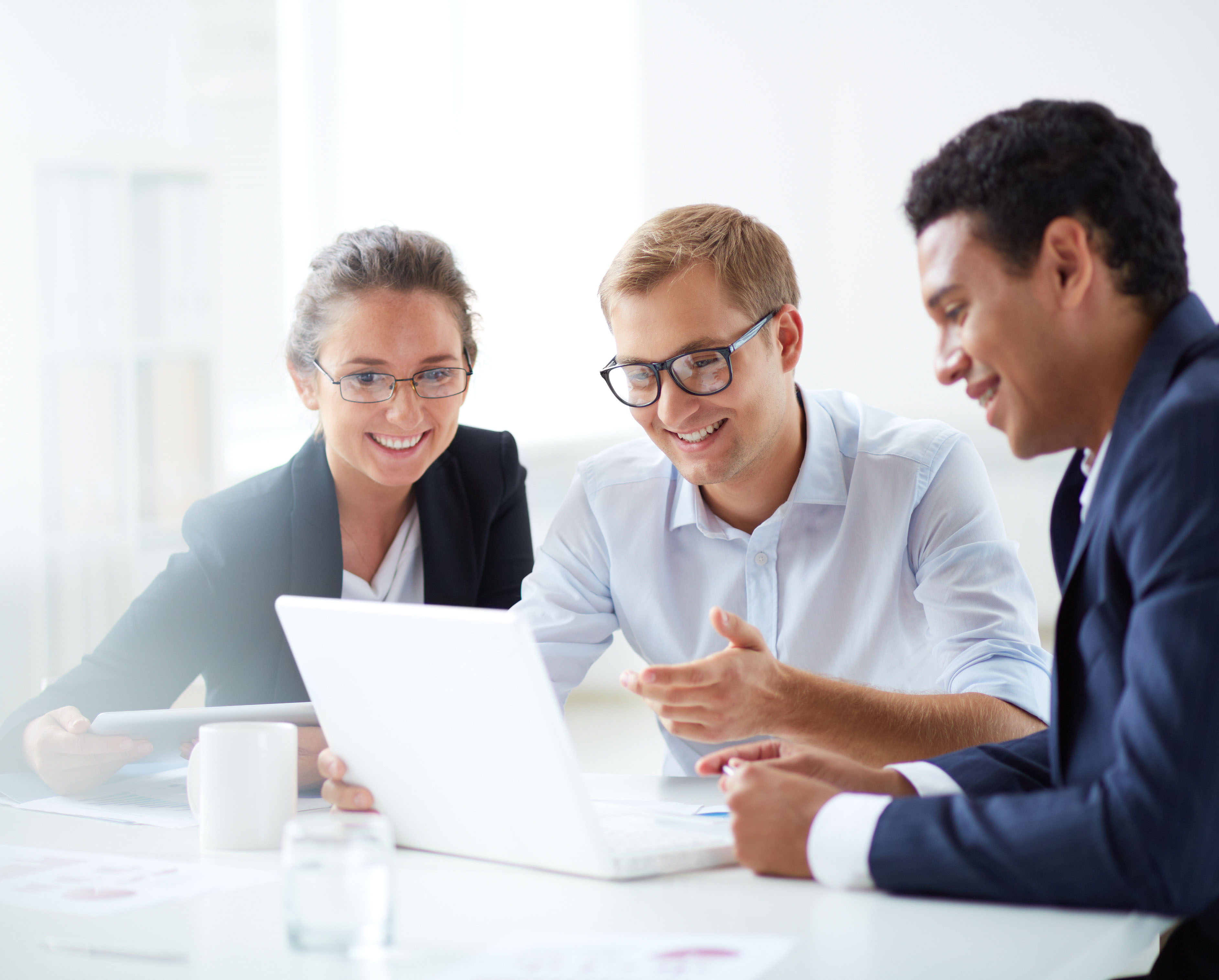 Portrait of smart business partners using laptop at meeting