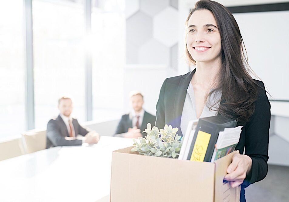 happy to quit dreamstime_xl_121899962- Pivotal - HR - Solutions - Blog An employee happily departing from her employer. What ar the ten reasons people are planning to leave their employer this year? What are the six ways to prevent it?