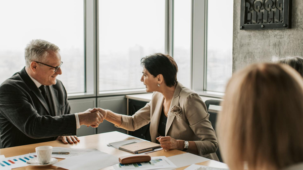 Man and woman shaking hands in meeting